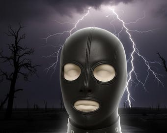 Handmade Black Soft Leather Full-Face Hood • O-Ring Collar • Zipper Back Mask