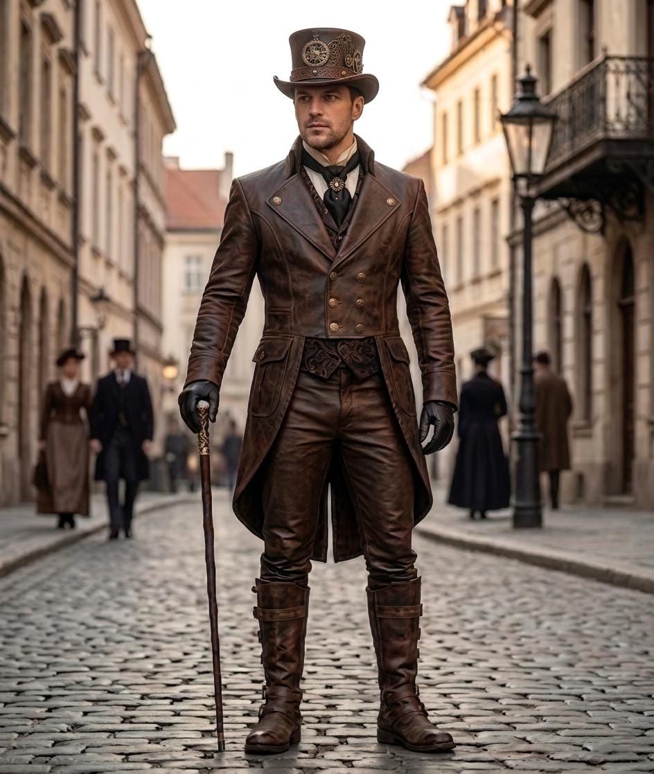 Steampunk Brown Leather Tailcoat Men Victorian Gothic Coat Retro Frock Jacket Cosplay Costume Renaissance Outfit