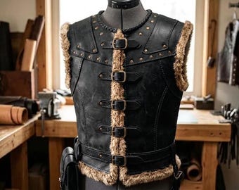 Medieval Fur Lined Leather Vest | Handmade Warrior Jerkin | Gothic Leather Waistcoat | Fantasy Costume Vest | Renaissance Festival Clothing