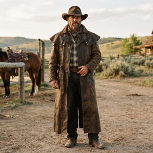 May include: A brown leather duster coat worn over a plaid button-down shirt and dark denim jeans, paired with a brown felt cowboy hat and brown leather boots. The long coat features a wide collar, metal buttons, and a waist belt, creating a rugged look.