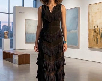 Suede Fringe Maxi Dress, Boho Tassel Western Style, Sleeveless Cowgirl Festival Outfit