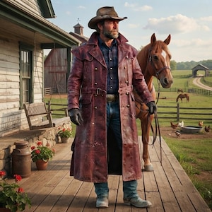 May include: A person wearing a weathered dark red leather duster coat, a plaid button-down shirt, blue jeans, and a brown cowboy hat. The person stands on a wooden porch next to a brown horse with a white blaze on its forehead, holding leather reins.