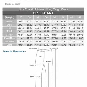 Pode incluir: Tabela de tamanhos para cal&ccedil;as cargo de caminhada masculinas, com medidas em polegadas. A tabela inclui medidas de costura interna, cintura, quadril, coxa, fundo, subida frontal, subida traseira e comprimento para tamanhos de 28 a 42. Um diagrama ilustra como medir.