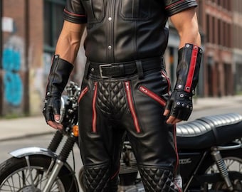 Conjunto masculino retrô de couro preto para motociclismo | Camisa de manga curta, calça acolchoada e luvas.