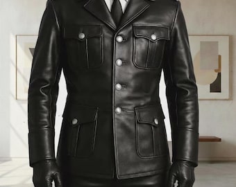 Chaqueta militar de cuero negro para hombre, hecha a mano, estilo RAF.