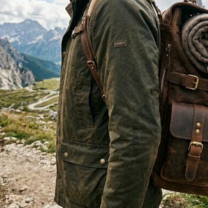 May include: A person wearing a green jacket and carrying a brown leather backpack with a rolled-up blanket attached. The backpack has multiple pockets and straps. The background features a mountain landscape and a hiking trail.