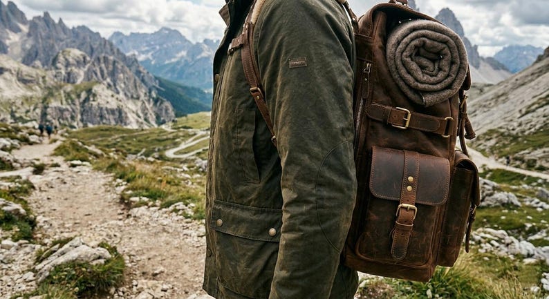 May include: A person wearing a green jacket and carrying a brown leather backpack with a rolled-up blanket attached. The backpack has multiple pockets and straps. The background features a mountain landscape and a hiking trail.