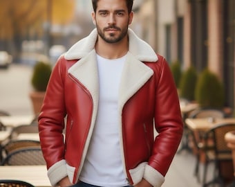 Roter Schaffellmantel für Herren • Handgefertigte Lederjacke • Weiße Winteroberbekleidung mit Kunstpelzfutter