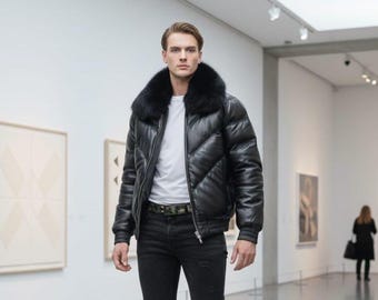 Chaqueta acolchada de cuero para hombre • Estilo bomber hecho a mano • Abrigo acogedor con cuello de piel sintética