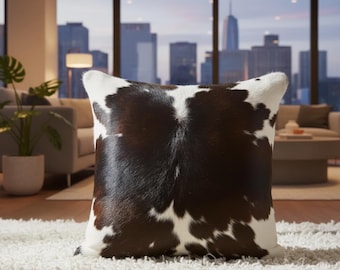 Capa de almofada em couro bovino natural | Almofada de couro marrom escuro e branco | Decoração rústica para casa