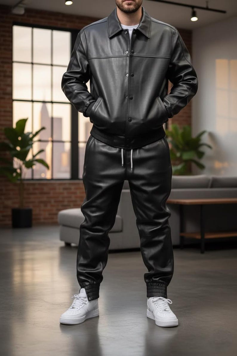Pode incluir: Casaco de couro preto com bot&otilde;es, combinado com cal&ccedil;as de couro pretas a condizer. O conjunto inclui uma camiseta branca e t&ecirc;nis brancos. O casaco tem gola e bolsos. As cal&ccedil;as t&ecirc;m cintura com cord&atilde;o e punhos canelados. Uma vers&atilde;o moderna de um visual cl&aacute;ssico.