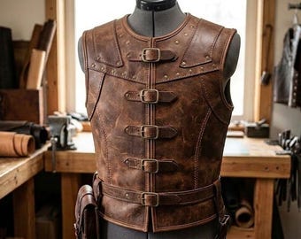 Men's Genuine Leather Medieval Vest, Brown Renaissance Buckle Jerkin, Viking Warrior Armor, Steampunk LARP Cosplay Waistcoat