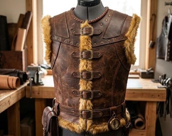Brown Viking Leather Vest with Fur Trim | Medieval Warrior Armor Vest | Rustic Leather Jerkin | Fantasy LARP Costume