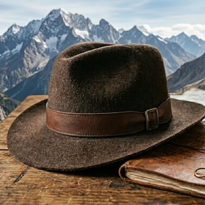 Könnte beinhalten: Ein brauner Fedora-Hut mit Lederband und Schnalle liegt auf einer Holzoberfläche. Ein ledergebundenes Journal, ein Kompass und eine Tasche sind ebenfalls vorhanden. Im Hintergrund eine Bergkette mit schneebedeckten Gipfeln.
