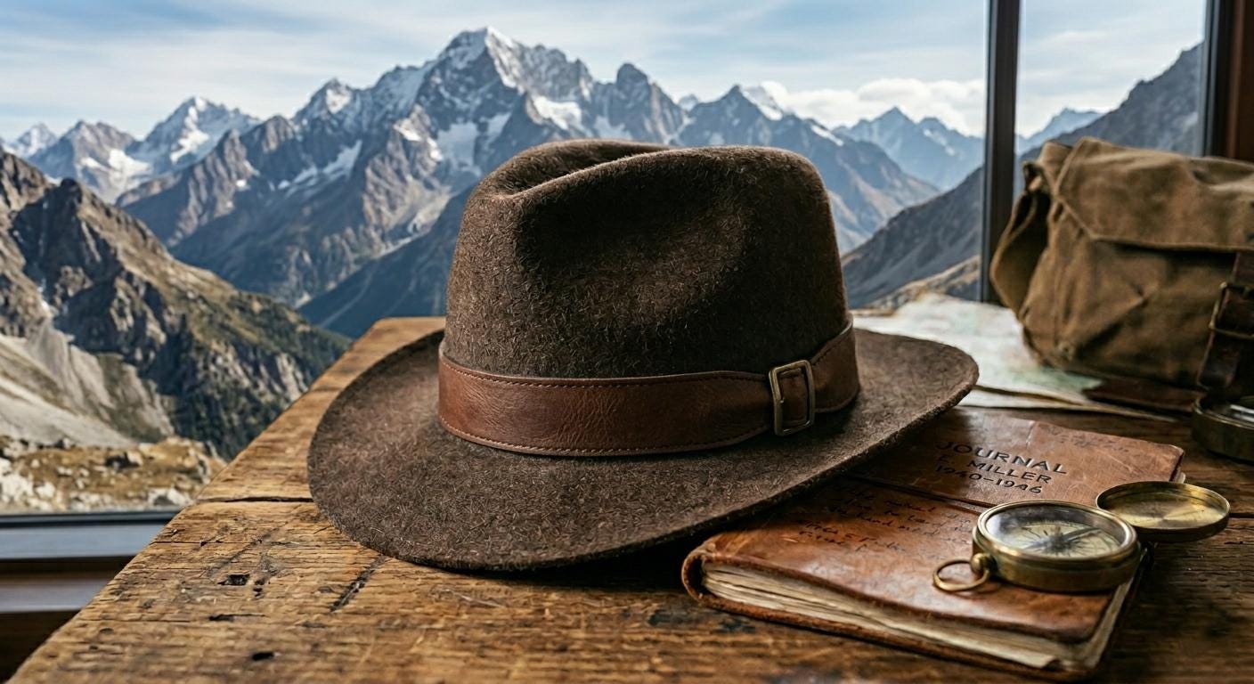 Distressed Brown Felt Explorer Fedora Hat, Wide Brim Adventure