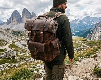 Mochila grande de couro legítimo para caminhadas, mochila de viagem vintage, bolsa para aventuras ao ar livre.
