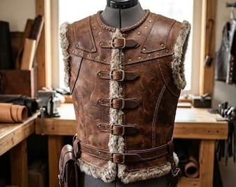 Handcrafted Distressed Brown Leather Viking Vest, Fur Trim Medieval Armor Jerkin