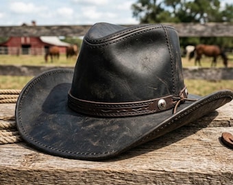Sombrero vaquero de cuero negro envejecido, sombrero de rancho del oeste, sombrero de vaquera de estilo vintage, sombrero Outback hecho a mano, sombrero de moda country de rodeo