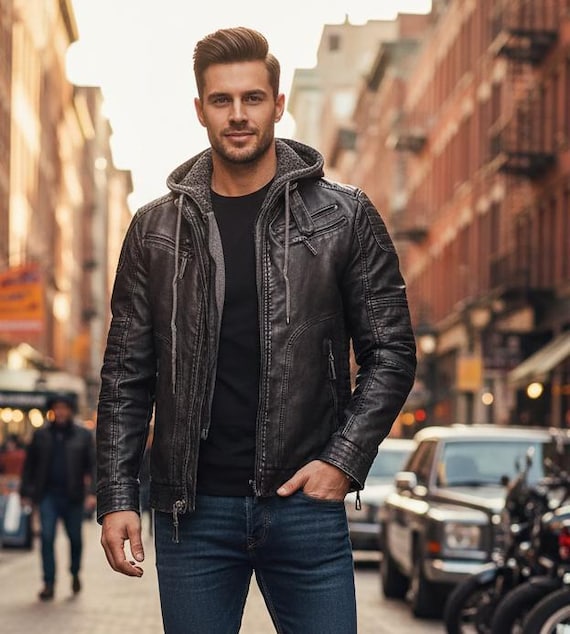Men's Grey Leather Biker Jacket - Vintage Motorbike Style