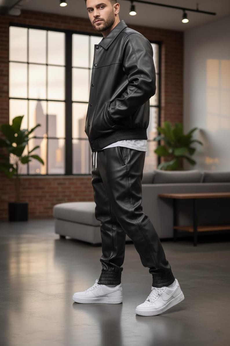 Pode incluir: Uma pessoa vestindo uma jaqueta de couro preta e cal&ccedil;as combinando. A jaqueta tem bot&otilde;es e as cal&ccedil;as t&ecirc;m cintura com cord&atilde;o. T&ecirc;nis brancos completam o look. O conjunto est&aacute; em um interior moderno.