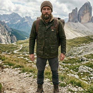 May include: A man wearing a green jacket, gray pants, and a brown beanie stands on a rocky path in a mountainous landscape. He has a backpack and a watch. The jacket has multiple pockets and a brown collar. The background features mountains and a cloudy sky.