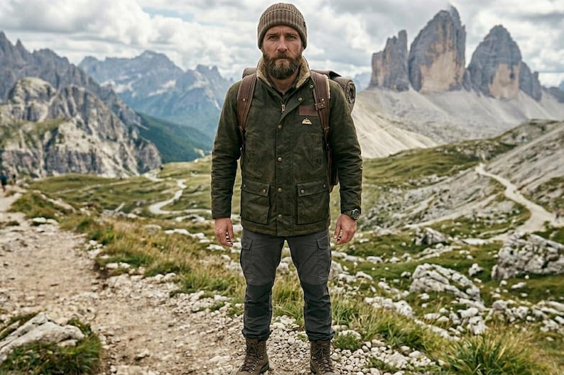 May include: A man wearing a green jacket, gray pants, and a brown beanie stands on a rocky path in a mountainous landscape. He has a backpack and a watch. The jacket has multiple pockets and a brown collar. The background features mountains and a cloudy sky.