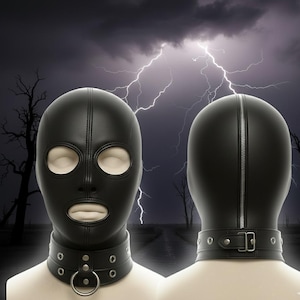 Könnte beinhalten: Schwarze Lederhaube mit Augen- und Mundöffnungen und einem passenden Kragen mit Metallring. Die Haube hat eine vertikale Naht vorne und einen Reißverschluss hinten. Der Kragen hat eine Schnalle und ist mit Metallnieten besetzt.