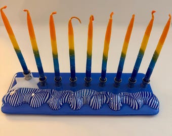 Handmade Fused Glass Menorah. Blue and White Symbol of Perseverance and Renewal. Modern Judaica.