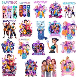 Puede incluir: Una colección de ilustraciones digitales coloridas que muestran a grupos de mujeres jóvenes en varias poses. Las obras de arte incluyen los textos "HUNTRX" y "K-POP DEMON HUNTERS", así como nombres como "Smantha" y "Jennifer". Las imágenes tienen un estilo de dibujos animados.