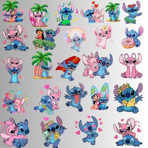 May include: A collection of colorful cartoon images featuring the character Stitch from the Disney movie Lilo & Stitch. The images show Stitch in various poses, often with other characters, hearts, and tropical elements.