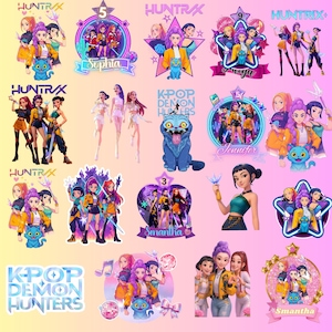 May include: A selection of vibrant K-Pop Demon Hunters themed stickers and graphics. The designs showcase stylized illustrations of female characters, a blue cat, and text elements such as "HUNTRX", "K-POP DEMON HUNTERS", and names like "Sophia" and "Smantha".