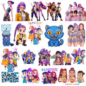 May include: A collection of cartoon illustrations featuring K-Pop-themed characters and a blue cat. The images include groups of stylized figures in vibrant outfits, some holding weapons. Text includes "K-POP DEMON HUNTERS" and "HUNTRIX".