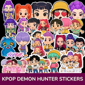 May include: A collection of colorful K-pop-themed stickers featuring cartoon characters with various hairstyles and outfits. The stickers include images of anime-style characters, a blue cat, and text that reads "KPOP DEMON HUNTER STICKERS".