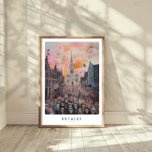 May include: A framed art print depicting a crowd of people with skull faces in a city square, with a church in the background. The word "ANTWERP" is printed at the bottom of the image. The artwork has a surreal, colorful style.