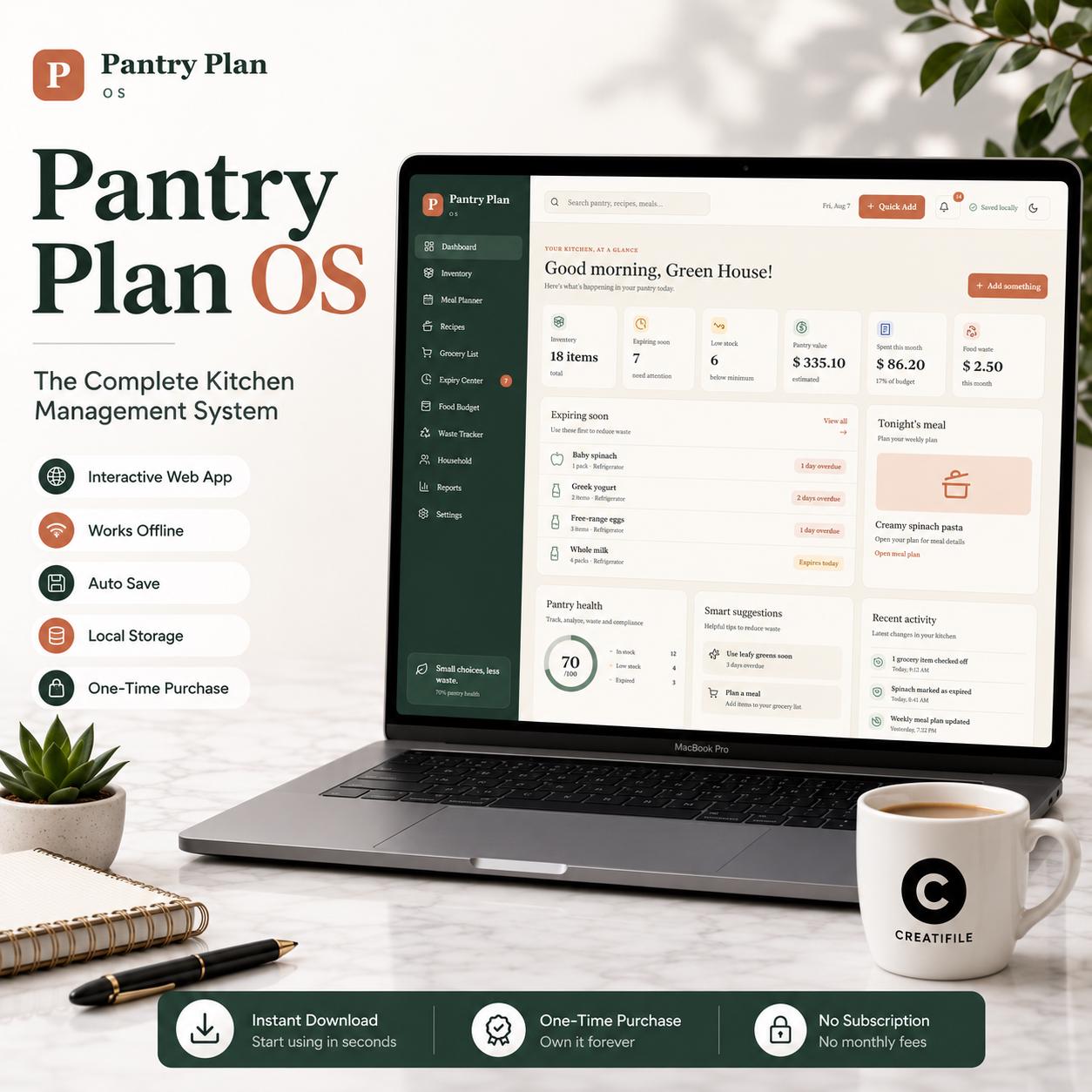 Pantry Inventory Tracker & Weekly Meal Planner, Grocery List, Recipe Organizer, Food Expiry Tracker, Digital Kitchen Organizer digital product preview