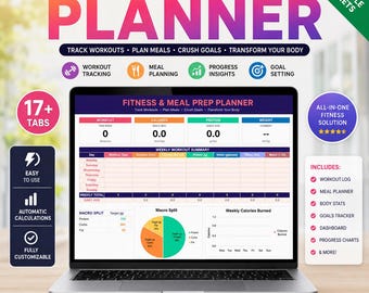 Fitness Meal Prep Planner, Workout Log, Calorie Macro Tracker (Digital Download)