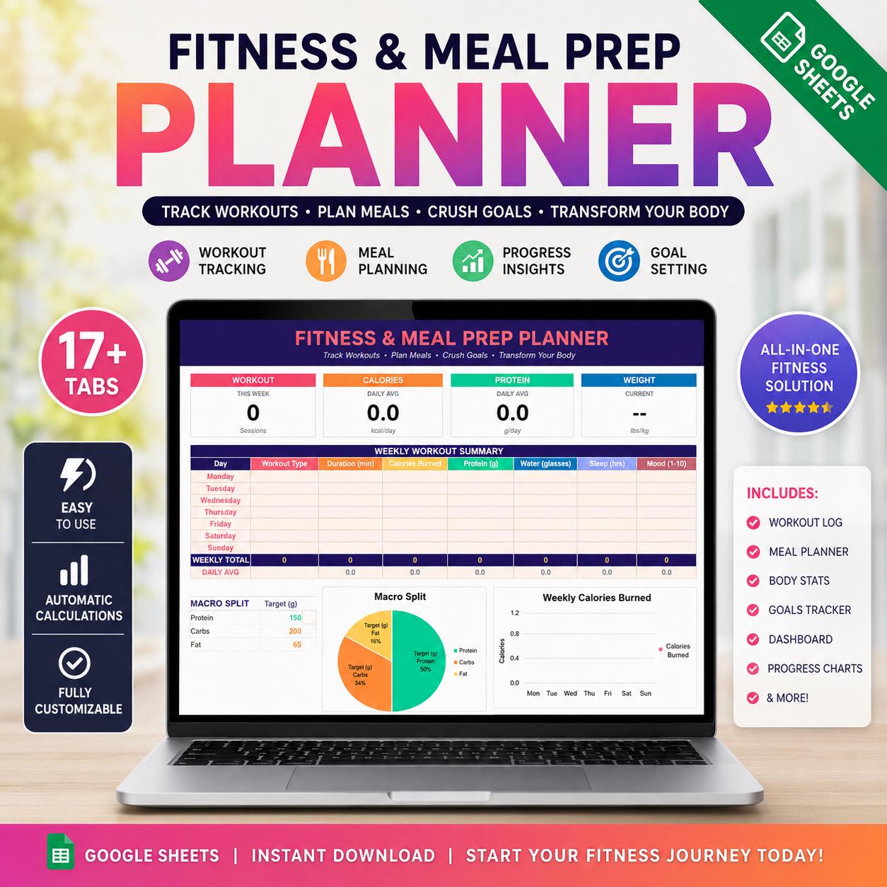 Fitness Meal Prep Planner, Workout Log, Calorie Macro Tracker (Digital Download) digital product preview
