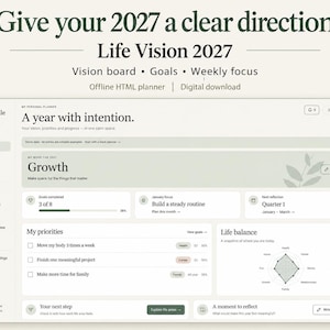 May include: A digital planner interface titled Life Vision 2027 with the text Give your 2027 a clear direction. The dashboard features sections for goals, weekly focus, and life balance, using a light green and white color scheme.