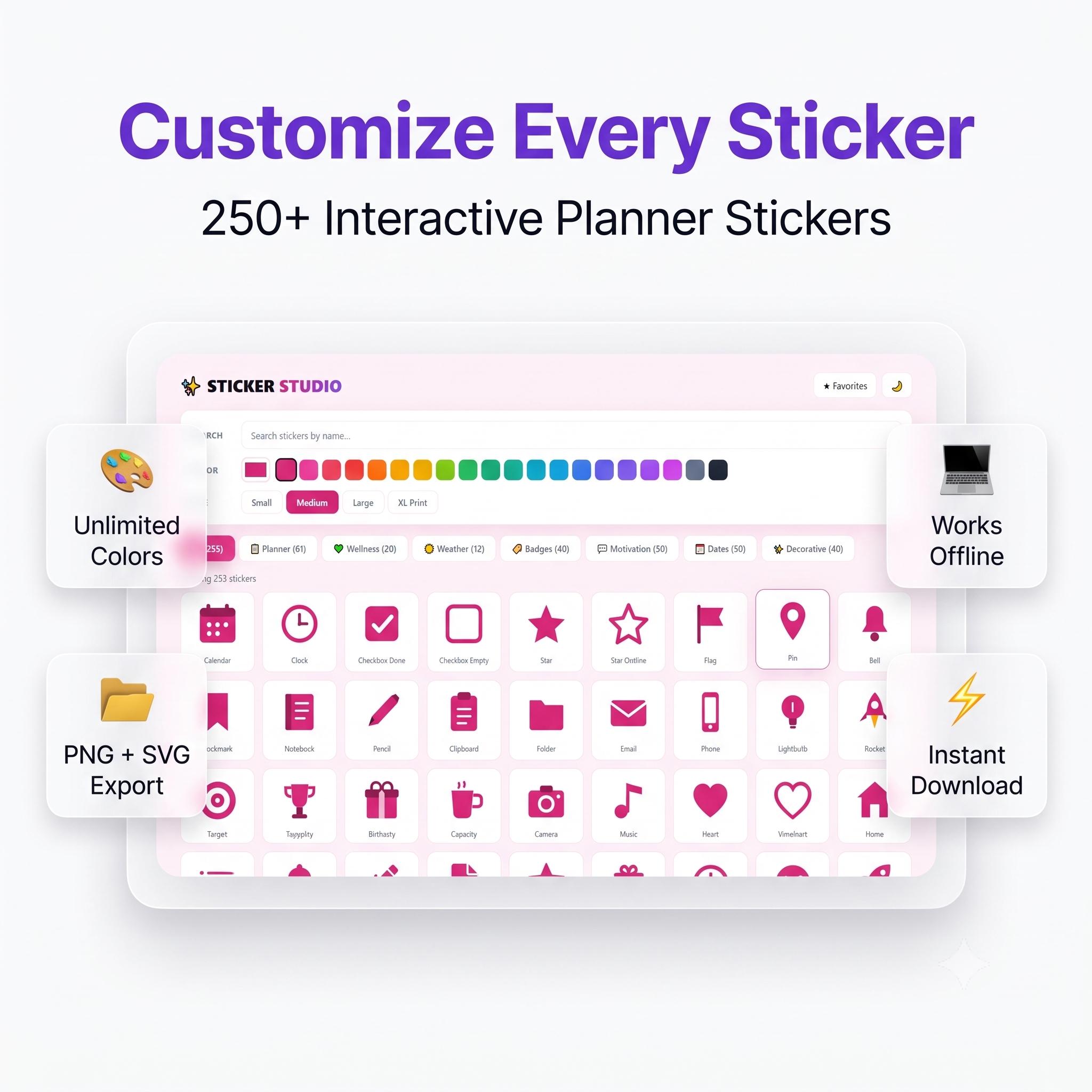 250+ Digital Planner Stickers | Interactive Sticker App | GoodNotes Stickers | PNG SVG Stickers | Unlimited Colors | Instant Download preview