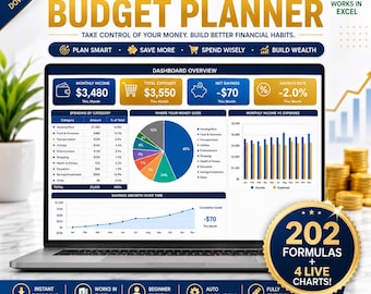 Personal Budget Planner Spreadsheet, Monthly Expense Tracker, Debt Payoff, Savings Goals (Excel Download)