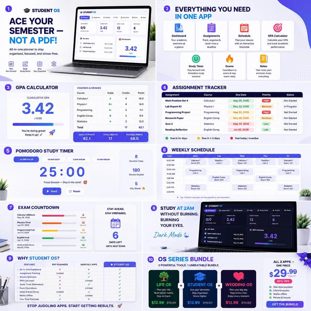 Student Planner App, Assignment Tracker, GPA Calculator, Pomodoro Study Timer, Exam Countdown, College Academic Organizer, Digital Download digital product preview