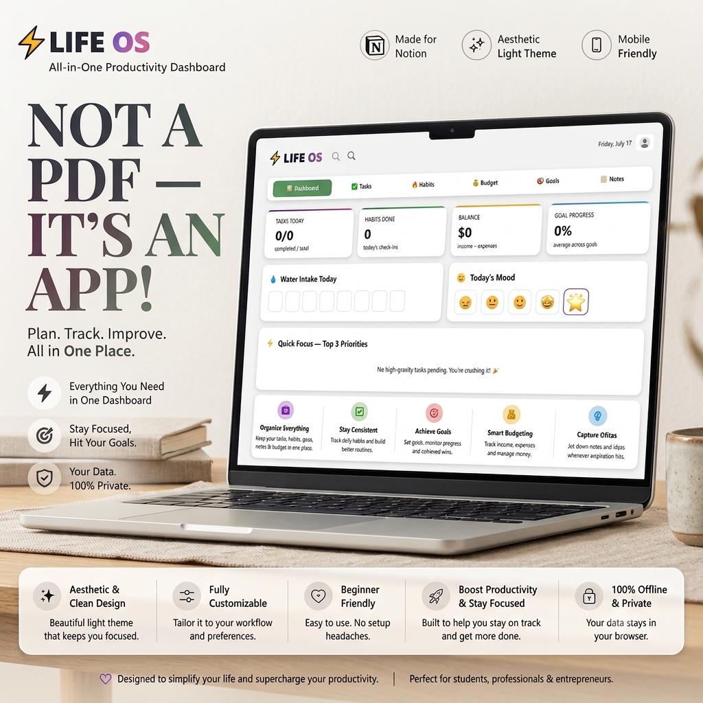 Life Planner | Interactive HTML Productivity Dashboard | Habit Tracker, Goal Tracker, Budget Planner & Daily Organizer preview