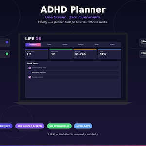 Application de planification pour le TDAH, tableau de bord interactif, suivi des habitudes, minuteur de concentration, outil de brainstorming, agenda quotidien, fonctionne hors ligne dans le navigateur, sans abonnement