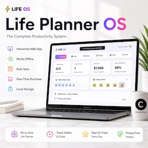 May include: A laptop displaying the Life OS Life Planner dashboard with sections for tasks, habits, budget, and goals. The screen shows a 50% goal progress, water intake, and mood tracker. Text includes Life OS, The Complete Productivity System, and Creatifile.