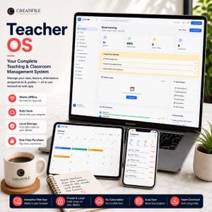Puede incluir: Un sistema digital de gestión de aula mostrado en una computadora portátil, una tableta y un teléfono inteligente. La pantalla muestra la interfaz de Teacher OS con paneles, calendarios y listas de tareas. Una taza blanca con el logotipo de Creatifile está cerca.