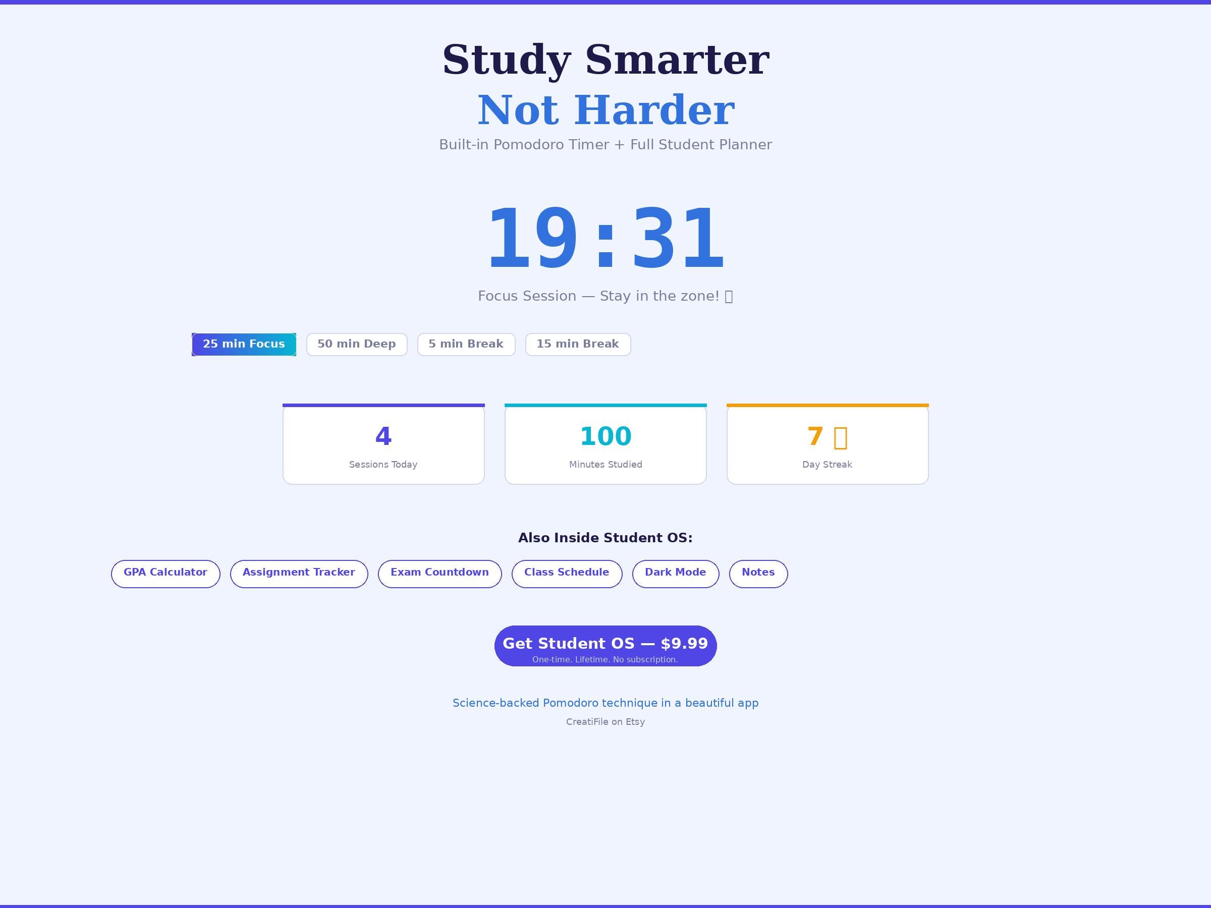 Pomodoro Study Timer App, GPA Calculator, Assignment Tracker, Class Schedule preview