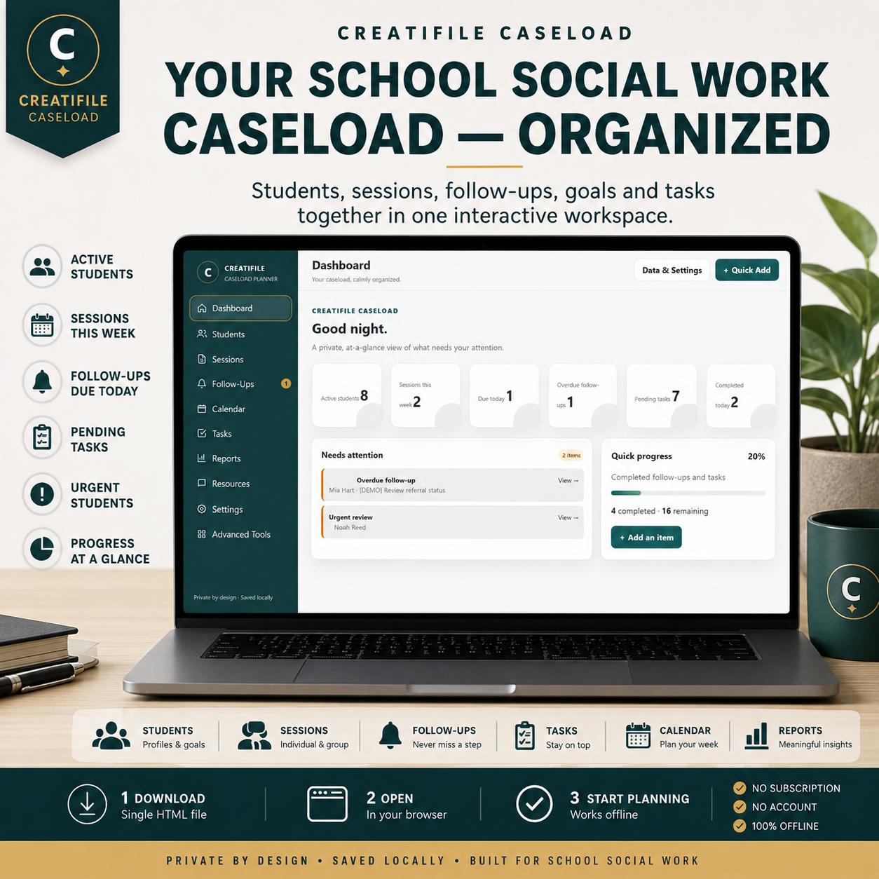 School Social Worker Planner | Caseload Tracker, Session Log, Follow-Up & Student Goals | Interactive Offline Browser App digital product preview