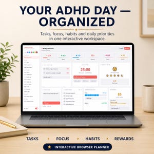 Könnte beinhalten: Ein Laptop-Bildschirm mit einem interaktiven digitalen Planer namens YOUR ADHD DAY — ORGANIZED. Die Benutzeroberfläche enthält Bereiche für Aufgaben, Gewohnheiten, Wasseraufnahme, Fokus-Timer, Stimmungsverfolgung und Belohnungen zur Tagesplanung.