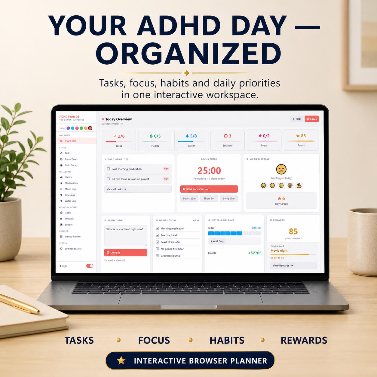 ADHD Digital Planner | Interactive Browser Planner with Focus Timer, Habits & Brain Dump digital product preview