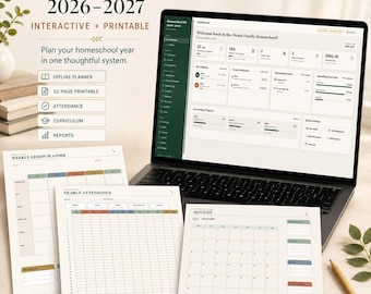 Homeschool Planner 2026–2027 | Offline Interactive Organizer + 52-Page Printable | Multiple Students